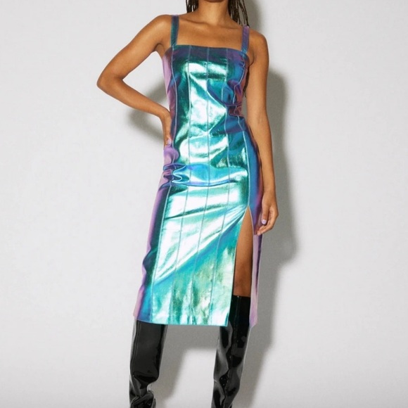 NWT Somethingnew Revolve metallic Iridescent Heather midi faux leather dress L - Picture 5 of 9
